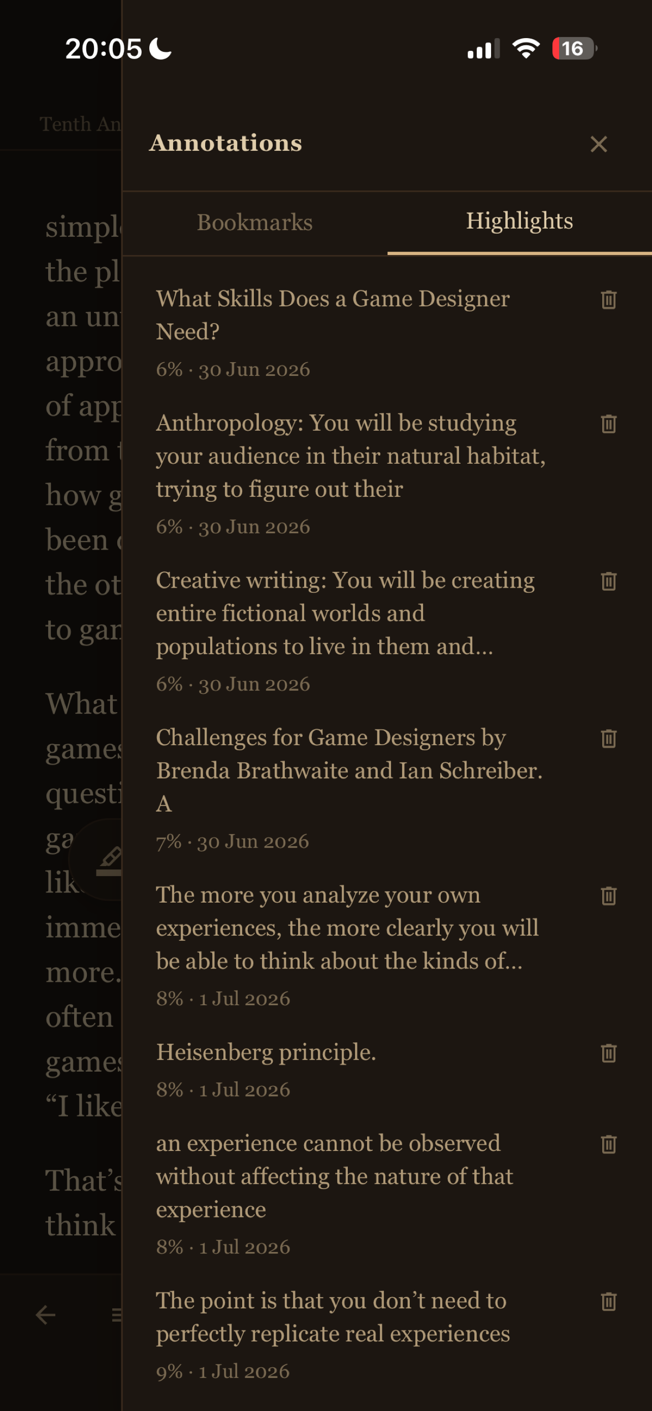 Bookmarks and Highlights List